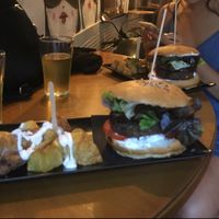 black bean burger with bravas! at Cat Bar in Barcelona
