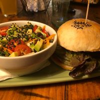 Cactus Burger and side salad  at Cat Bar in Barcelona