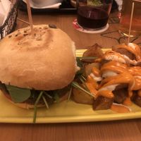 Burger and bravas  at Cat Bar in Barcelona