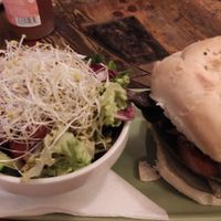 Cactus burger with salad at Cat Bar in Barcelona