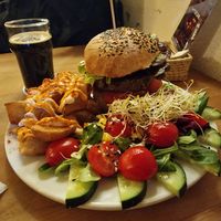 Bean burger with potatoes and salad yummmmy at Cat Bar in Barcelona