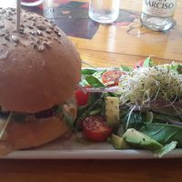 Mushroom burger with side salad at Cat Bar in Barcelona