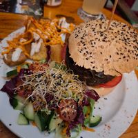 Delicious and filling black burger at Cat Bar in Barcelona