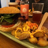 green burger & patatas bravas!  at Cat Bar in Barcelona
