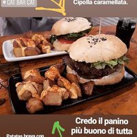 Burger+ patatas bravas+ coca cola at Cat Bar in Barcelona