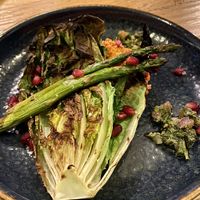 Salsa Romesco: grilled asparagus and little gem   at De Botanist in Breda