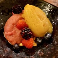 Strawberry and mango-passionfruit sorbet with red fruit  at De Botanist in Breda
