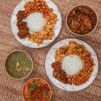 Chickpeas, cauliflower, veg pakoras, saag aloo, plain rice  at V Giyan in Wendlebury