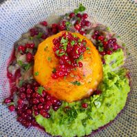 Creamed sauteed mushrooms, suger stirred raw lingon berries, pea and parsley purée and a deep-fried swedish potato dumpling filled with smoked tofu. Fucking tasty at The LoCo in Uppsala