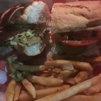 vegan chicken sandwich and seasoned fries at David's New Orleans Style Sno Balls in Panama City Beach