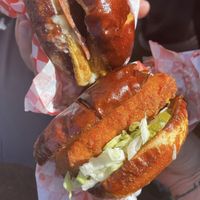 Hot chicken and breakfast burger   at Nom Burgers in Austin