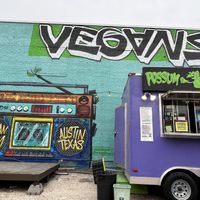 Murals and vegan pizza truck   at Nom Burgers in Austin