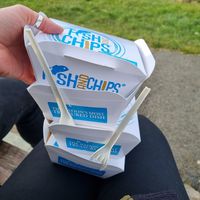 Vegan sausages and chips at Siaway Fish & Chips in Isle Of Skye