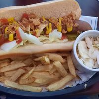 Vegi hot dog with fries and apple slaw at The Dub in Henley On Thames