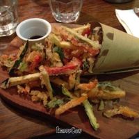 Tempura vegetables with sweet and sour sauce.  at Amico Bio in London