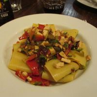 Vegan pasta with tofu, red bell pepper and zucchini  at Amico Bio in London