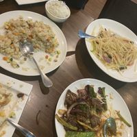 fried rice, wok fried potatoes, mongolian beef at Veggie House  in Chicago