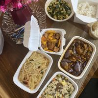 eggplant, soy beef fried rice, wok fried potatoes, orange chicken, and cucumber salad at Veggie House  in Chicago