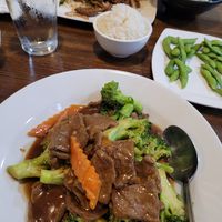 Mongolian beef up top and beef and broccoli on the bottom at Veggie House  in Chicago