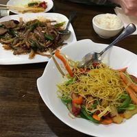 Mongolian Soy "Beef" and Singapore Noodles at Veggie House  in Chicago