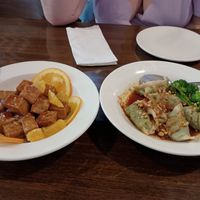 Orange tofu and spicy dumplings (appetizer) at Veggie House  in Chicago