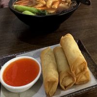 Spring rolls and plant based shrimp and seafood noodle soup   at Veggie House  in Chicago