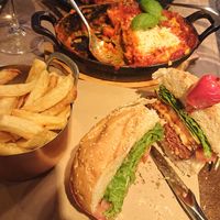 Vegan burger & fries and lasagna at Pratu's in Alcobaca