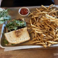 Vegan Mushroom Burger with fries   at Haywood Common in Asheville