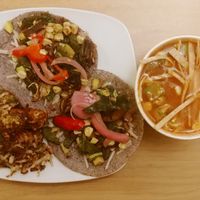 Rajas tacos (veganized), Brussels sprouts, and vegan lentil soup at Centro Neighborhood Kitchen in Burien