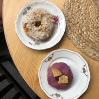 Cardamom hazelnut (left) and blueberry pie (right) donuts  at Round & Square in Helsinki