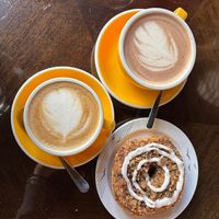 Donut coffee crumble, cappuccino and hot chocolate at Round & Square in Helsinki