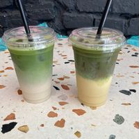Iced matcha with soy milk and a “dirty” iced matcha with a shot of espresso and some vanilla soy milk  at WOOOW Matcha in Belgrade