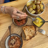Patates bravas pan vin tomate and tapenade  at Le Botanique in Toulouse