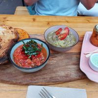 Vegan tapas : pan con tomate, caviar d'aubergines, carrot pickles at Le Botanique in Toulouse