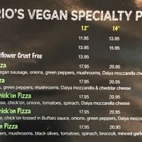 Vegan menu specialty pizzas  at Mario's Pizza in Orlando