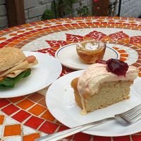 Chikn & ham style sandwich toasted, pastel de nata and Victoria sponge cake at The Green Kitchen in Newport