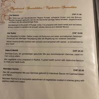 Menu at Golden India in Grindelwald
