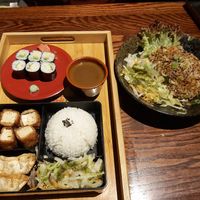 Left: Tofu katsu bento box, veg gyoza, salad (with coriander/cilantro sauce ask to remove if this taste like soup to you) cucumber & avo maki  

Right: vegan rice stirfry (no egg) at Japan Street Food in Paisley