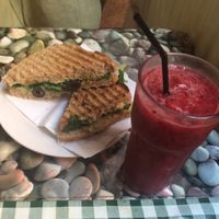 hummus, olive and spinach sandwhich with the berry smoothie at Nexus Art Cafe in Manchester