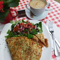 Vegan savoury crepe + oat milk capucchino at The Cottage in Londonderry