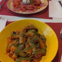 Pasta all norma (without cheese), smoked tono e burrata pomodoro in the background at Bacarretto in Venice