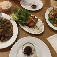 Eggplant dish, tofu spring rolls (half of them we already ate), tofu with veg at Saigon Cafe in Wailuku