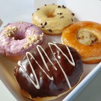 Front Sankt Dennis, left Blueberry, right cream brulee and Passion fruit behind at La Beignerie in Montreal