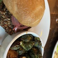 Hemp burger and brussels sprouts  at Cooper's on the Creek in Georgetown