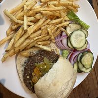 Albuquerque burger no cheese, subbed bun  at Cooper's on the Creek in Georgetown