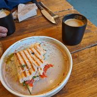 Vegan focaccia - roasted vegetables, basil oil, houmous and rocket. at Loaf in Wells