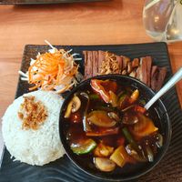 Vegan duck with rice and their special vegetable - mushroom sauce. at Viet Tam in Brno