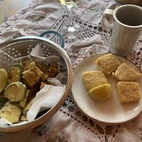 Fried vegetables and vegan saganaki cheese  at Raeti in Crete
