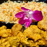 Vegan Curry “Chicken” and Channa with Veggie Rice; very tender, delicious, mildly spicy at Coco Breeze in Oakland
