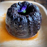 Caramel Drizzled Macaroons Cacao Bundt Cake; note all desserts are vegan at Coco Breeze in Oakland